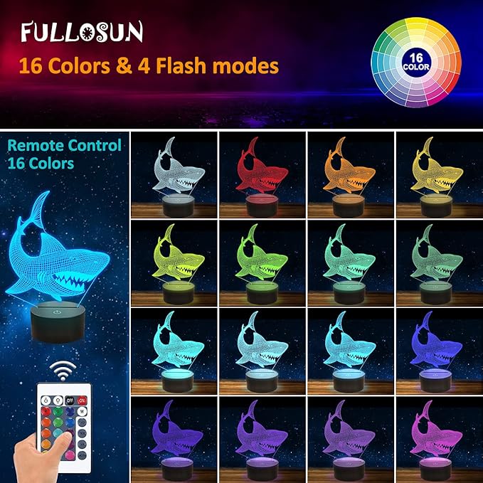 FULLOSUN Shark 3D Illusion Night Light Animal Touch Table Desk Lamp, with Remote Control 16 Colors Optical USB LED Nightlight for Kids Holiday Gift Room Decoration