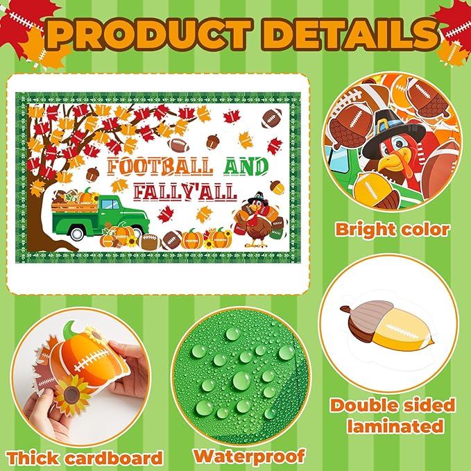 Fall Thanksgiving Football Bulletin Board Set Sports Classroom Decorations Autumn Maple Leaves Pumpkin Paper Cutouts Football Bulletin Board Border for Chalkboard Classroom Door Wall Sport Supplies