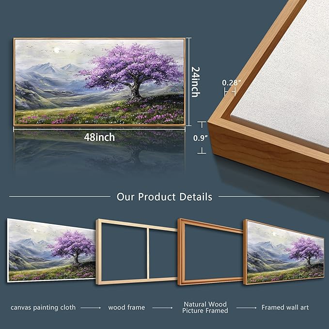 ZUITINGHUA Large Canvas Wall Art For Living Room Wood Framed Wall Decor For Bedroom Office Decorations Abstract Scenery Wall Paintings Purple Tree Pictures Artwork Aesthetic Home Mural 24x48 In