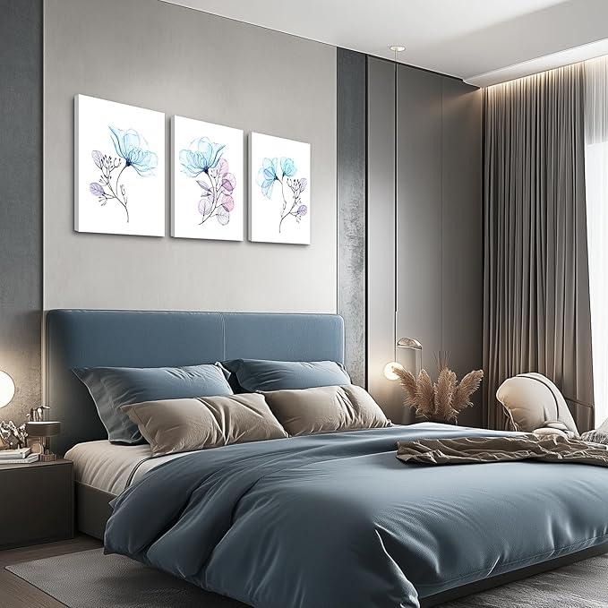 3 Piece Modern Blue Flowers Canvas Wall Art for Bedroom Living Room decor,Bathroom Wall Decor,3 Panels framed Wall Watercolor Painting Kitchen Home Decoration Canvas Print Artwork Wall Mural