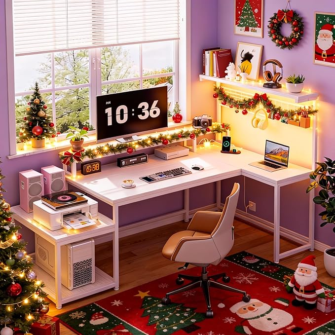 White Desk with Shelves & Hooks, 63.5" L Shaped Computer Desk with Monitor Stand & Power Outlets & LED Lights and Printer Space for Home Office, Bedroom, White