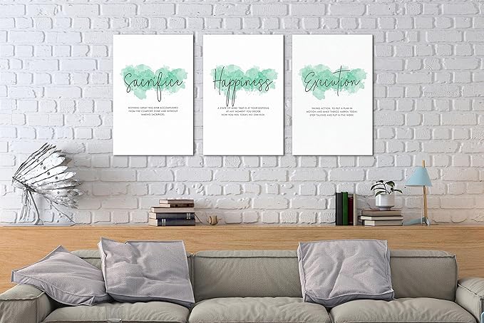 SHMAO Office Canvas Wall Art Motivational Wall Decor, 3 Piece Sacrifice Happiness Execution Print Pictures for Office Wall Decor Women Inspirational Framed Artwork Home Office Decor 12”x18”x3 Panels