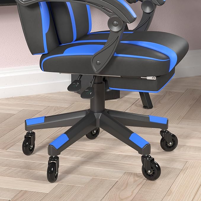 Flash Furniture X40 Gaming Chair Racing Computer Chair with Fully Reclining Back/Arms and Transparent Roller Wheels, Slide-Out Footrest, - Black/Blue
