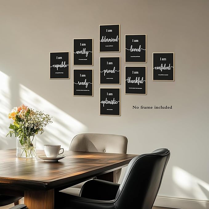 MJONG 9 Piece Inspirational Motivational Wall Art Prints – Unframed Black White Positive Affirmations for Office Classroom Bedroom Dorm or Teen Room Decor, Canvas‑Style Posters 8×10 inch