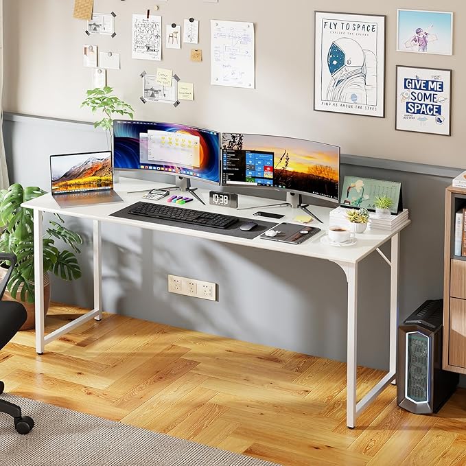 PayLessHere | 63 Inch Computer Desk | White | Office Desk with Metal Frame, Adjustable Feet | Water-Resistant, Scratchproof Surface | Sturdy Writing Table for Home Office or Study | Pack of 1