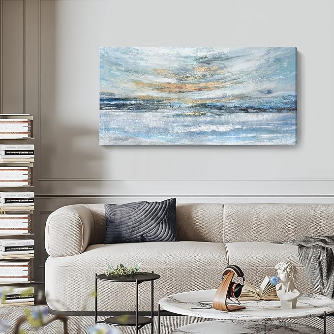 Abstract Wall Art for Living Room Large Framed Light Blue Canvas Print Coastal Theme Artwork Modern Ocean Skyline and Sunset & Sunrise in the Seaside Painting for Home Bedroom Décor 48x24inch