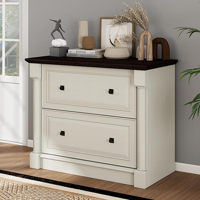 2-Drawer Roman Column File Cabinet, 36.8″ Wide Lateral File Cabinet with Hanging Folders, Fits Letter Legal A4 Size, Elegant Classic Design Home Office Boss Room Printer Stand, White and Brown top