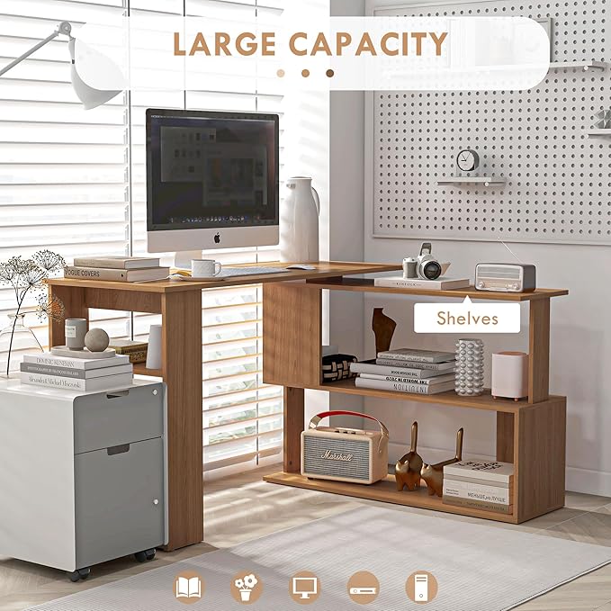 HOMCOM L Shaped Desk, Corner Computer Desk, 360 Degree Rotating Home Office Desk with Storage Shelves, Writing Table Workstation, Teak