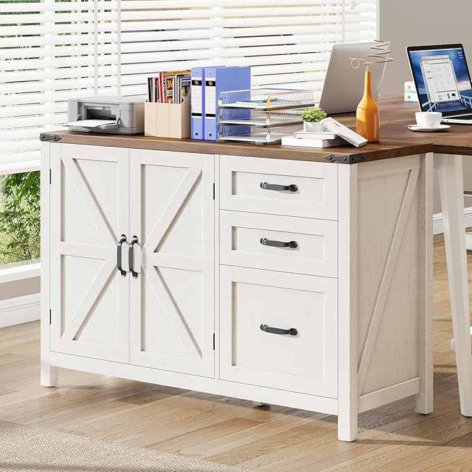 Farmhouse File Cabinet with Doors, Lateral Filing Cabinet with 3 Drawers for Letter/A4 Size Hanging Files, Large Wooden Storage Cabinet with Adjustable Shelves for Home Office, White and Brown