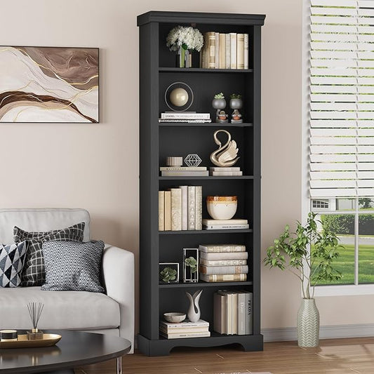 6-Tier Bookshelf, 73 inch Tall Bookcase with 2 Adjustable Shelves, Book Shelf with Anti-Tipping Device, Wooden Bookcase for Study Room, Living Room, Home Office, Bedroom (Black)