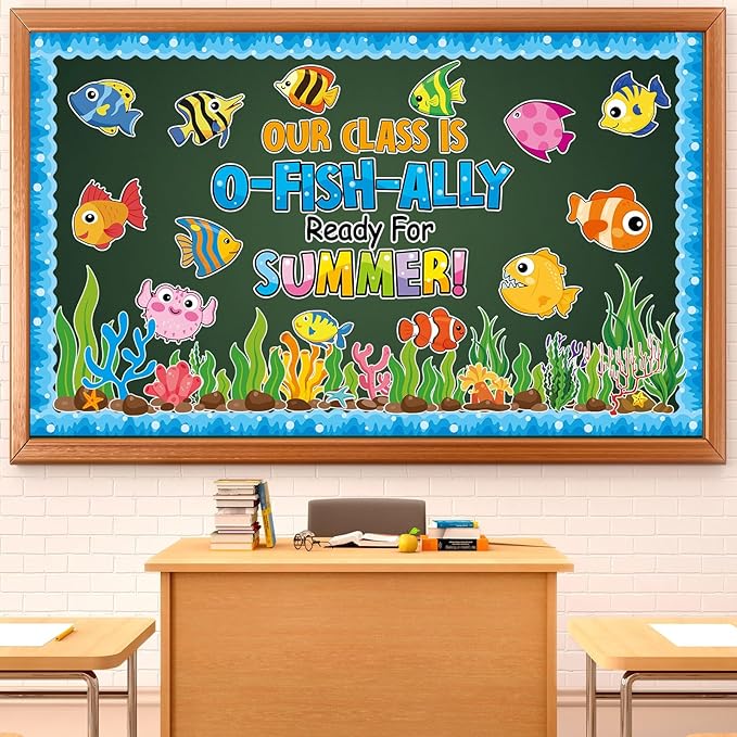 Summer Ocean Sea Bulletin Board Decorations O-Fish-Ally Ready for Summer Theme Classroom Back to School Bulletin Board Border Set Tropical Marine Fish Paper Cutouts for School Home Decor