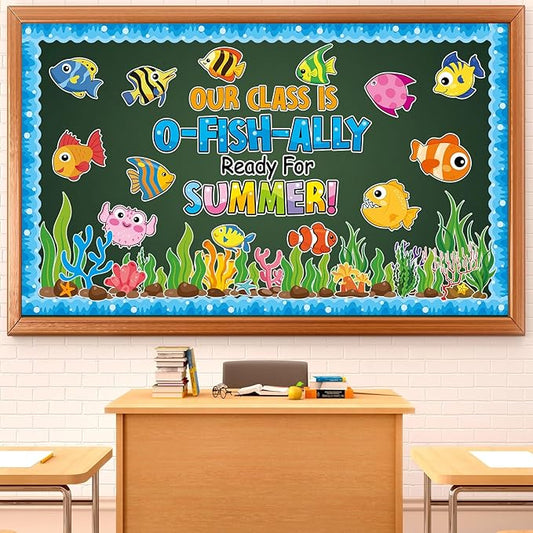Summer Ocean Sea Bulletin Board Decorations O-Fish-Ally Ready for Summer Theme Classroom Back to School Bulletin Board Border Set Tropical Marine Fish Paper Cutouts for School Home Decor