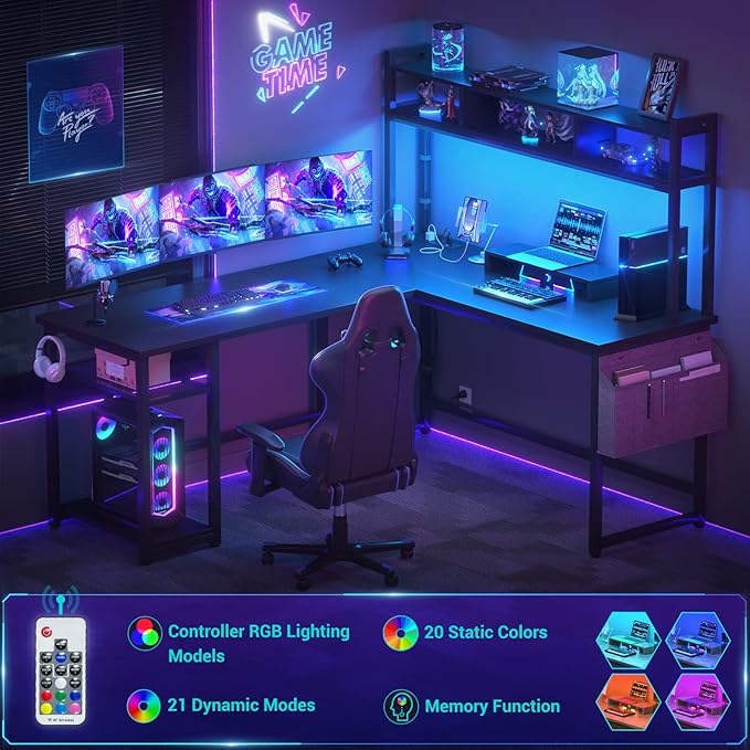 Aheaplus L Shaped Desk with Power Outlet & LED Strip, Reversible L-Shaped Corner Computer Desks Gaming Desk with Storage Shelf & Monitor Stand, Modern 2 Person Home Office Desk, Writing Desk, Black