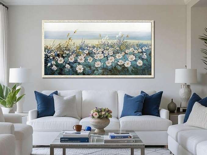 Arjun Flower Wall Art Canvas Framed Daisy Floral Textured Painting for Living Room, Bedroom Picture Artwork Dining Room Office Home Wall Decor, Large 40"x20"