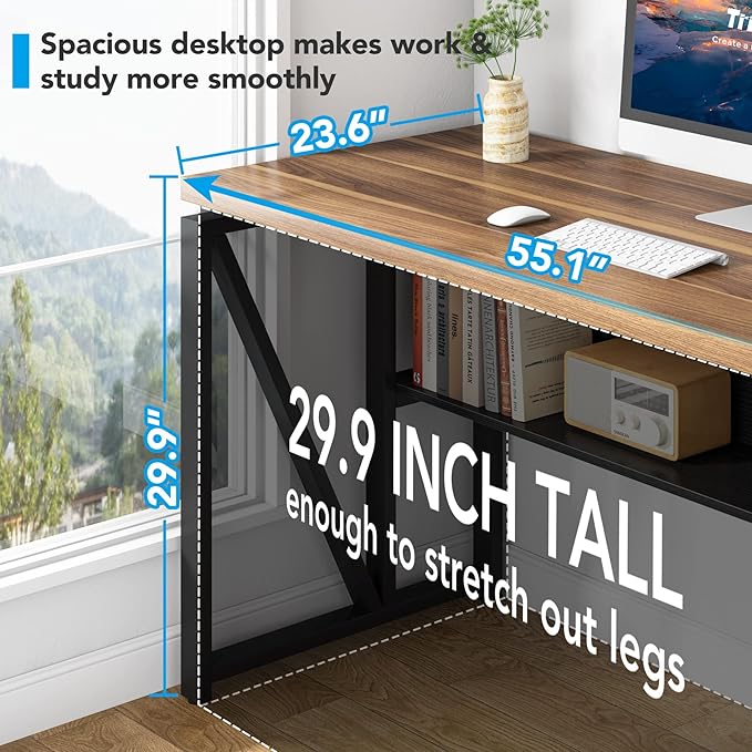 Tribesigns 55 inches Computer Desk with Bottom Storage Shelf Home Office Desk Writing Table for Workstation, Dark Walnut + Steel Leg, Cabinet not Included (Walnut, 55-inch -with Shelf)