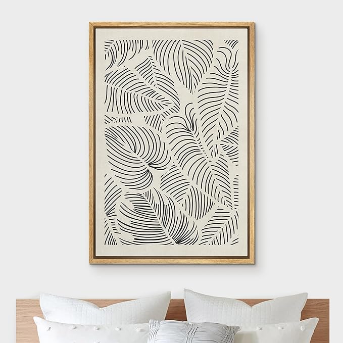 IDEA4WALL Framed Canvas Print Wall Art Hawaiian Black & White Tropical Island Leaf Print Abstract Shapes Illustrations Modern Art Decorative Minimalist Multicolor for Bedroom - 24"x36" Natural