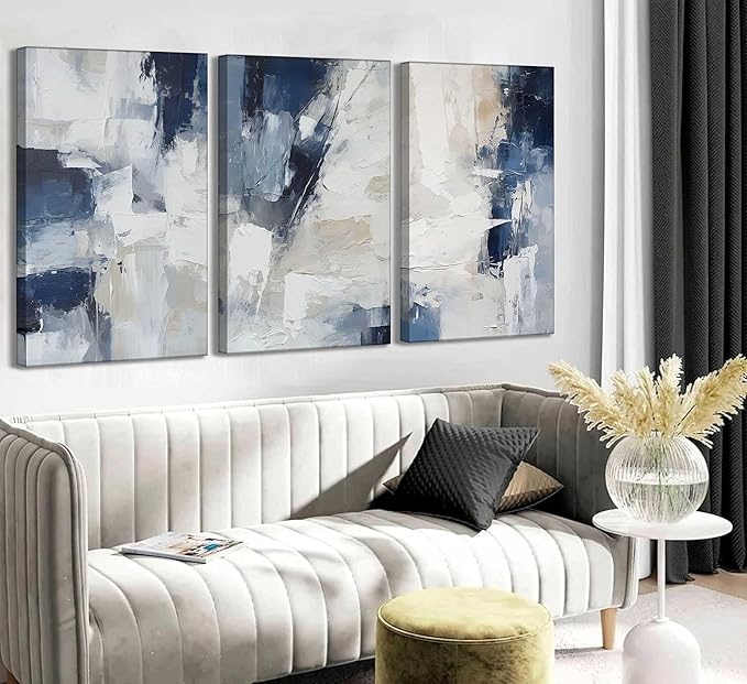 3pcs Navy Blue Abstract Canvas Wall Art Modern Minimalist Neutral Blue White Painting Picture Wall Decor Posters Prints Artworks for Living Room Bedroom Office Home Decoration
