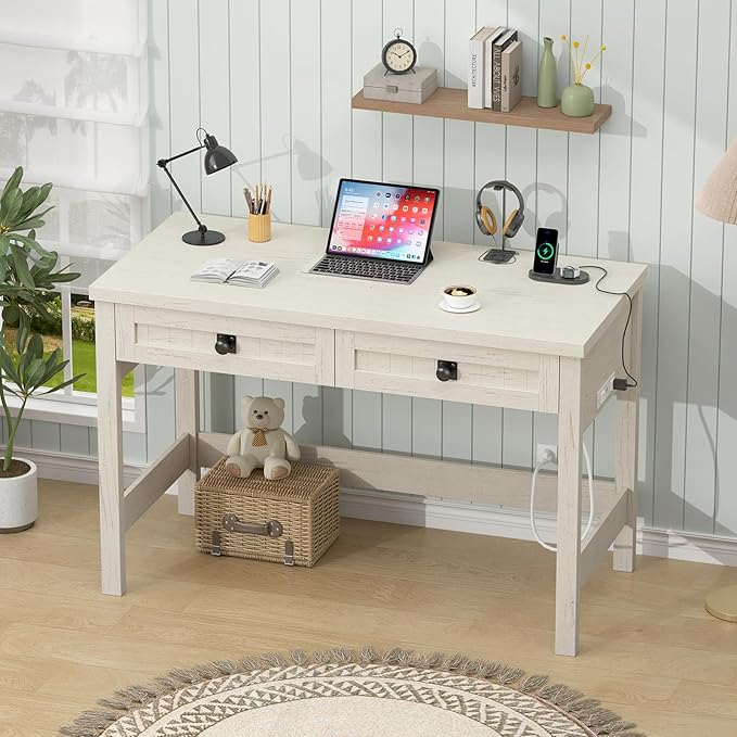 Farmhouse Computer Desk with 2 Drawers, 39 Inch Small Office Computer Desk with Power Outlets, Compact Writing Study Vanity Desk for Small Spaces, White