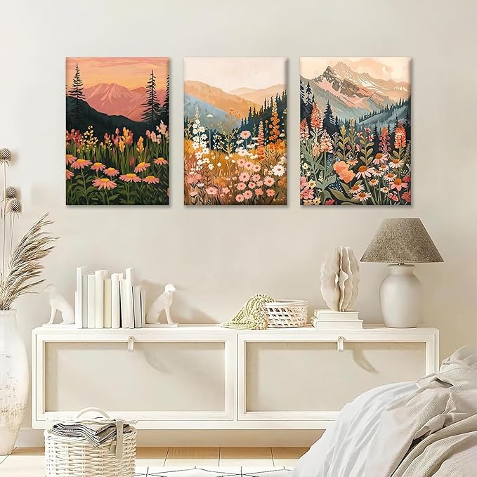 KBKBART Boho Colorful Landscape wall art Set of 3, Wildflower Mountain Wall Decor Vintage Floral Forest Paintings Rustic Nature Pictures Canvas Prints for Living Room Bedroom Dining Room 12x16 Inch