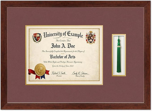CountryArtHouse Diploma and Tassel Frame Fits 11 x 8.5 US Letter Certificate with Tassel Rustic Walnut Genuine Hardwood Shadowbox with Dark Red Over Metallic Gold Double mat