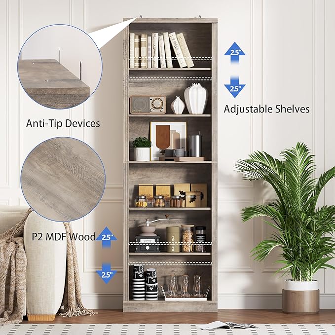 75" Tall Bookshelf, 6-Tier Floor Standing Bookcase with 2 Adjustable Shelves, 24" Wide Open Storage Shelf, Modern Display Organizer for Home Office, Living Room, Bedroom, Study