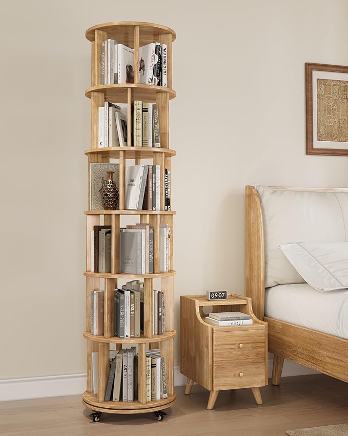 Rotating Bookshelf, 6 Tier Solid Wood Bookshelf Tower with Lockable Wheels, 360° Spinning Revolving Bookcase for Small Spaces, Corners, Bedroom, Kids Room, Home Office, Natural