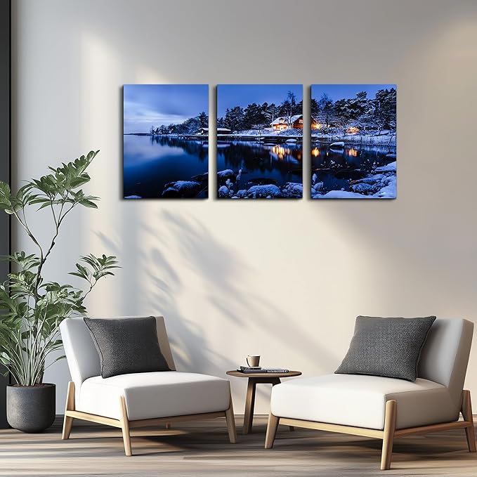 Snow in winter Wall Art for living room Canvas Prints Artwork bathroom Wall Decor Quiet blue lakes and villages painting 3 Pieces Framed bedroom wall decorations Office Home Decor