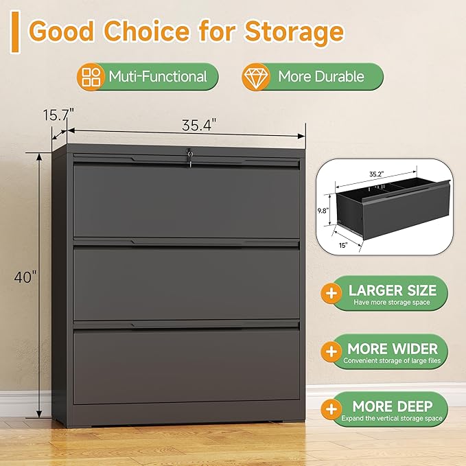 3 Drawer Lateral File Cabinet with Lock,Filing Cabinets for Home Office,Metal File Cabinet for Letters/Legal/A4 Size, Assembly Required,Black