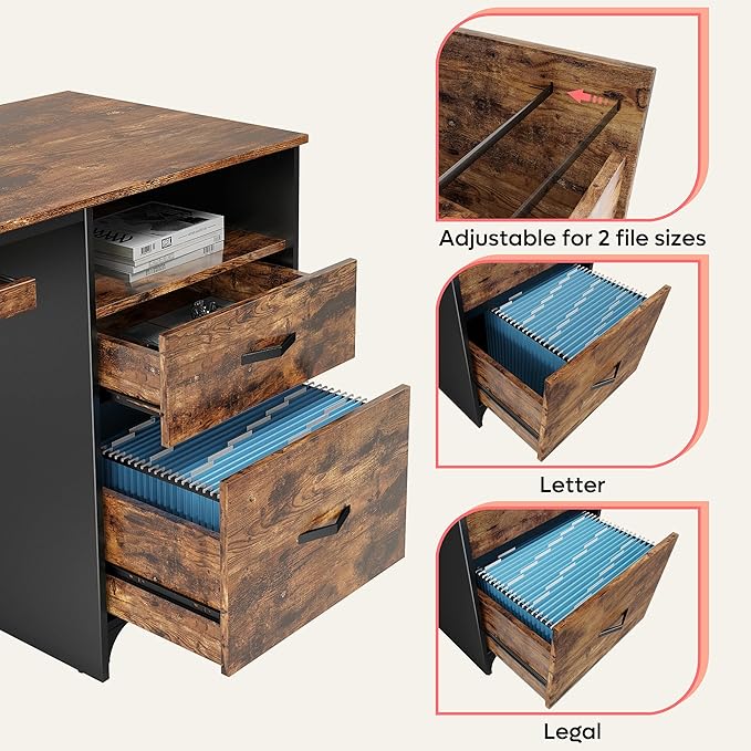 Bestier Office Desk with Drawers, 55 inch Industrial Computer Desk with Storage, Wood Teacher Desk with Keyboard Tray & File Drawer for Home Office, Rustic Brown