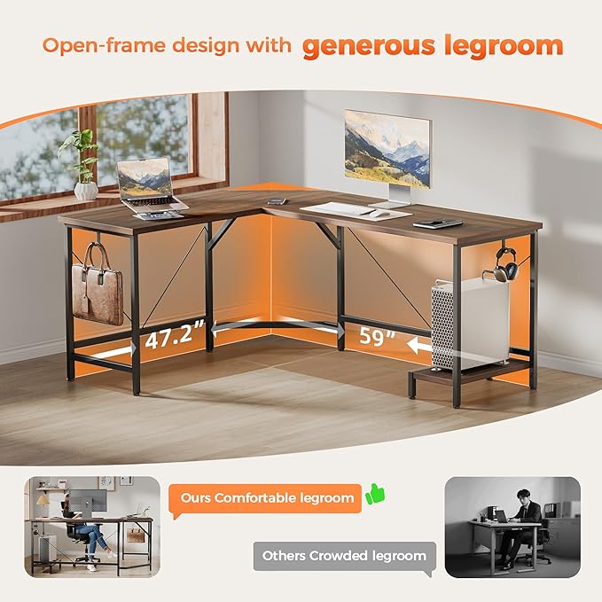 Mericonia 59 inch Large L Shaped Desk, Simple Corner Gaming Desk with CPU Stand & Hooks, Computer Desk for Home, Bedroom & Office Workspace, Walnut