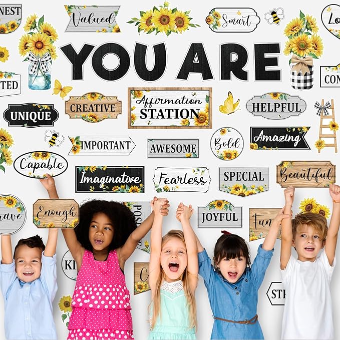 45pcs Sunflower Bulletin Board Set Motivational Posters Classroom Mirror Growth Mindset Decor Positive Affirmations Accents Cutouts for School Office Home Teacher Wall