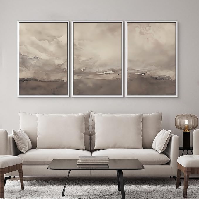 SIGNWIN Framed Canvas Print Wall Art Set Neutral Cloudy Sky Landscape Soft Beige and Taupe Illustrations Modern Art Decorative Boho Relax/Zen Nordic for Living Room, Bedroom, Office - 24"x36"x3 White