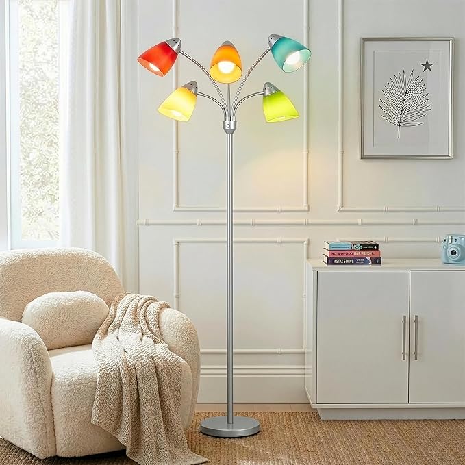 Brightech Medusa LED Floor Lamp – Multi-Head Dimmable Floor Lamp for Living Rooms & Offices – Tall Lamp with Interchangeable Shades, Adjustable Standing Lamp for Bedroom Reading – Silver
