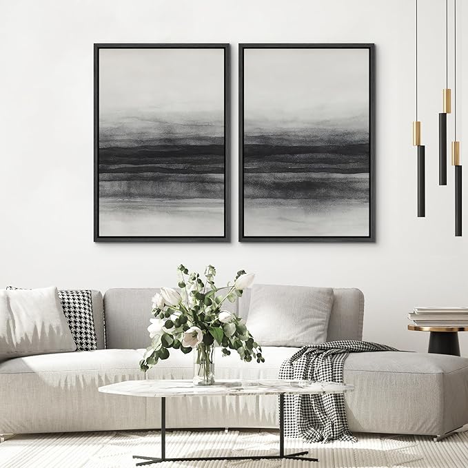 SIGNWIN Framed Canvas Print Wall Art Set Black and Gray Abstract Horizon Modern Minimalist Neutral Illustrations Modern Art Decorative Multicolor for Living Room, Bedroom, Office - 24"x36"x2 Black