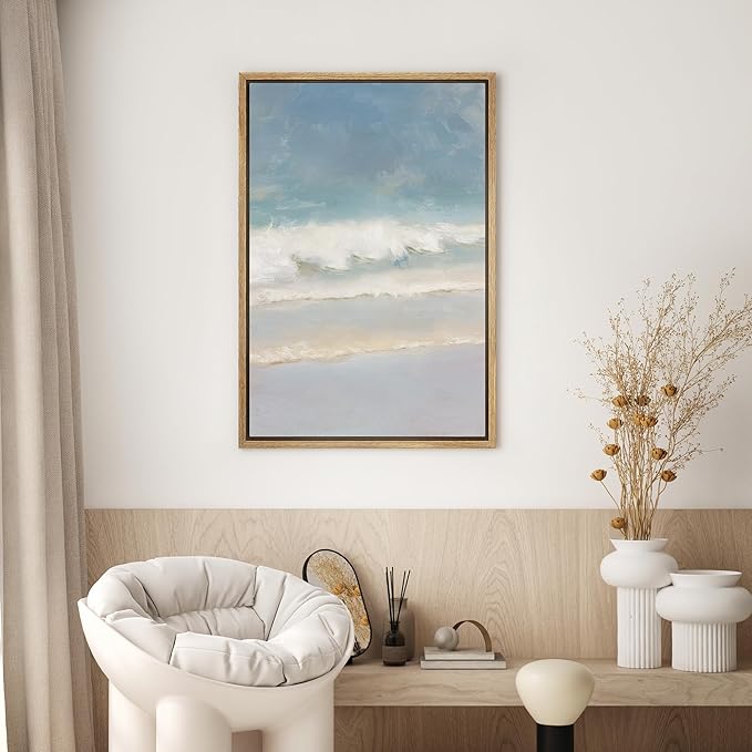 SIGNWIN Framed Canvas Print Wall Art Coastal Ocean Waves and Blue Sky Seascape Illustrations Modern Decorative for Living Room, Bedroom, Office - 24"x36" NATURAL