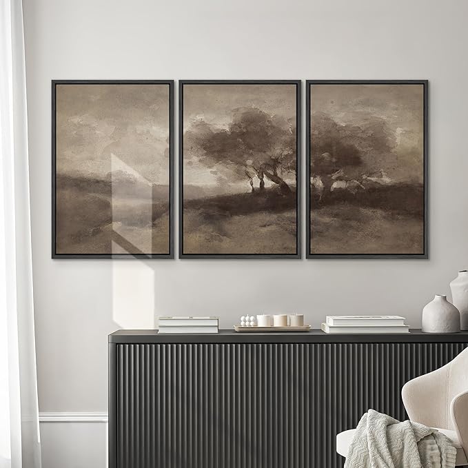 SIGNWIN Framed Canvas Print Wall Art Set Sepia-Toned Abstract Trees Vintage Landscape Illustrations Modern Art Decorative for Living Room, Bedroom, Office - 24"x36"x3 Black