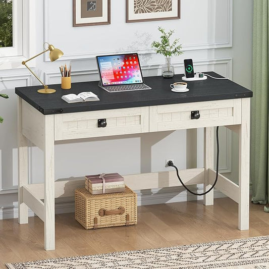 Farmhouse Computer Desk with 2 Drawers, 39 Inch Small Office Computer Desk with Power Outlets, Compact Writing Study Vanity Desk for Small Spaces, Black and White