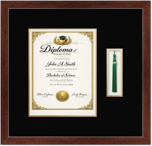 CountryArtHouse Diploma and Tassel Frame Fits 8.5 x 11 Certificate (Portrait) with Tassel Hook Rustic Walnut Genuine Hardwood Shadowbox with Black Over Metallic Gold Double mat