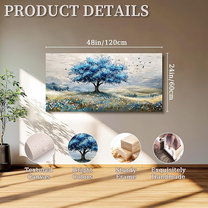 SERIMINO Tree of Life Large Wall Art, Country Landscape Canvas Art Prints, Blue Tree Nature Artwork for Walls, Modern Wall Pictures for Living Room Bedroom Dining Room, Rustic Farmhouse Decor 24"X48"