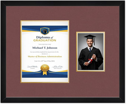Diploma Frame With Photo Opening Matte Black Dark Red Over Gold Mat - Fits 8.5 x 11 Degree and Picture Made in the USA