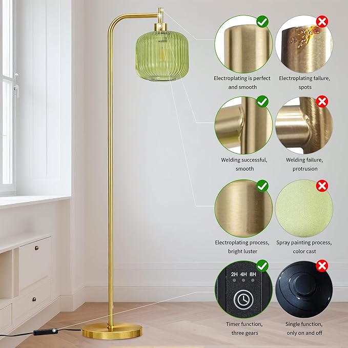 MAYNA Mid Century Modern Floor Lamp, Emerald Green Ribbed Glass Standing Lamp with Built-in Timer Switch, Gold Tall Vintage Lamps for Living Room Bedroom, 2700K LED Bulb Included