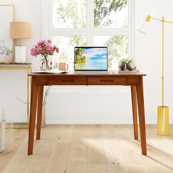 Home Office Computer Desk Coner Desk with 2 Drawers, Study Writing Table for Home Office, Study, Honey Wood (39.3 ”W x 23.6”D x 29.1”H)