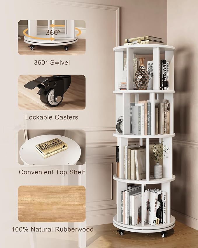 Rotating Bookshelf, 4 Tier Solid Wood Bookshelf Tower with Lockable Wheels, 360° Spinning Revolving Bookcase for Small Spaces, Corners, Bedroom, Kids Room, Home Office, White