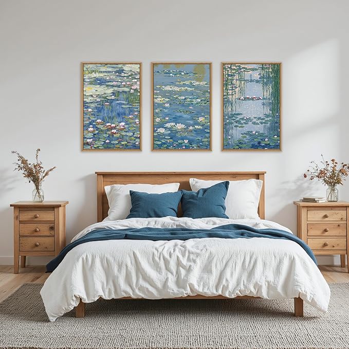 Large Nature Lilies Ponds Framed Canvas Wall Art,Impressionist Flower Wall Decor,Claude Monet Style Wall Painting,Garden Botanical Artwork for Living Room,Bedroom,Dining Room,Office -24"x36"x3