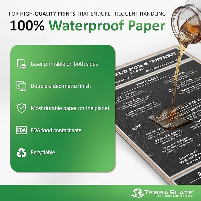 TerraSlate Copier Paper 10 MIL 11" x 17" Waterproof Laser Printer/Copy Paper, Printable Waterproof Paper (50 Sheets)