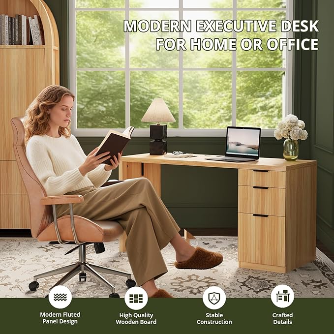 FURSUN 58" Home Office Desk with Power Outlet & File Cabinet, Modern Fluted Executive Desk with 3 Storage Drawers, Large Computer Workstation for Study & Bedroom, Oak