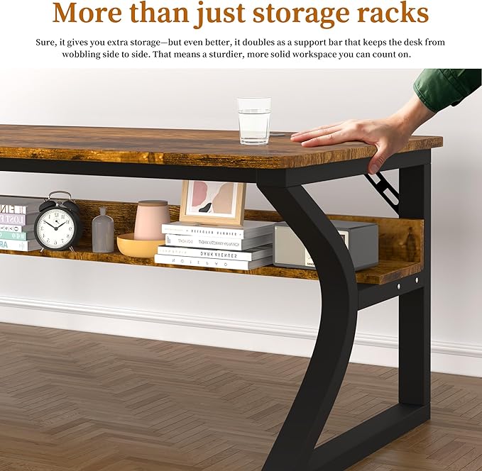 55'' Computer Desk w/Storage & Cable Management, Home Office Desk w/Sturdy U-Shaped Metal Frame & Water-Resistant Scratchproof Surface, Study Writing Desk for Office & Bedroom, Rustic Brown
