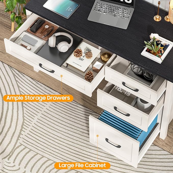 Farmhouse 47" Executive Desk, Computer Desk with File Drawer and Charging Station, Workstation for Home Office, Study（Black）.