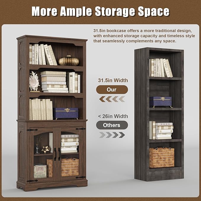 Tall Bookcase, 70 inch Height, 5-Tier Open Storage Shelf, 31.5 in Wide Standing Bookshelves for Home, Office, Bedroom, School, Library, 31.5W * 11.81D *70H (Walnut, Glass Door)