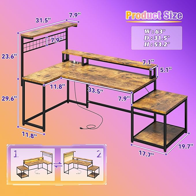 EnHomee 63" L Shaped Gaming Desk with LED Lights & Power Outlets,Reversible Corner Gaming Table with Storage Shelf & Hooks,Computer Desk with Monitor Stand & Print Stand for Home Office,Rustic Brown